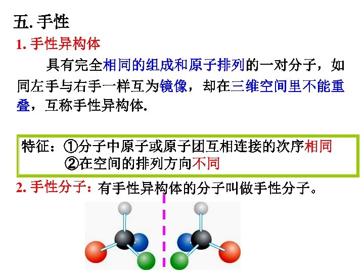 五. 手性 1. 手性异构体 具有完全相同的组成和原子排列的一对分子，如 同左手与右手一样互为镜像，却在三维空间里不能重 叠，互称手性异构体. 特征：①分子中原子或原子团互相连接的次序相同 ②在空间的排列方向不同 2. 手性分子： 有手性异构体的分子叫做手性分子。 