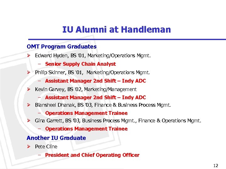 IU Alumni at Handleman OMT Program Graduates Ø Edward Hyden, BS '01, Marketing/Operations Mgmt.