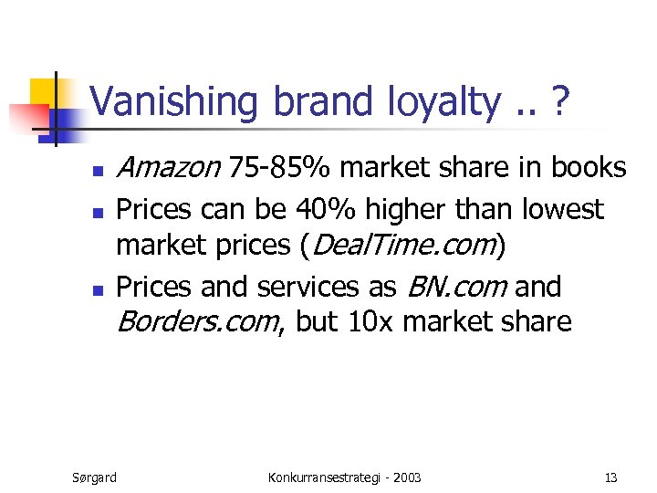 Vanishing brand loyalty. . ? n n n Amazon 75 -85% market share in