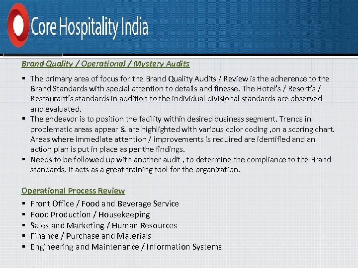 Brand Quality / Operational / Mystery Audits § The primary area of focus for