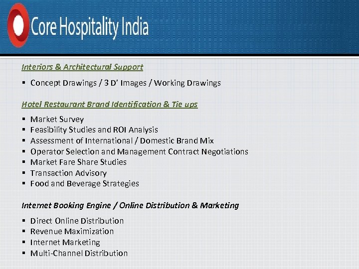 Interiors & Architectural Support § Concept Drawings / 3 D’ Images / Working Drawings