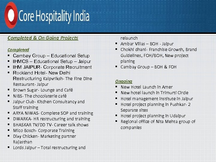 Completed & On Going Projects Completed § Cambay Group – Educational Setup § IHMCS