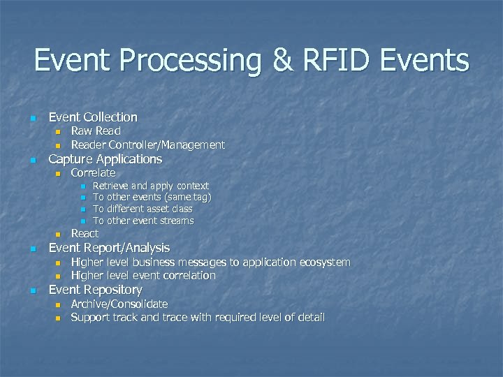 Event Processing & RFID Events n Event Collection n Raw Reader Controller/Management Capture Applications