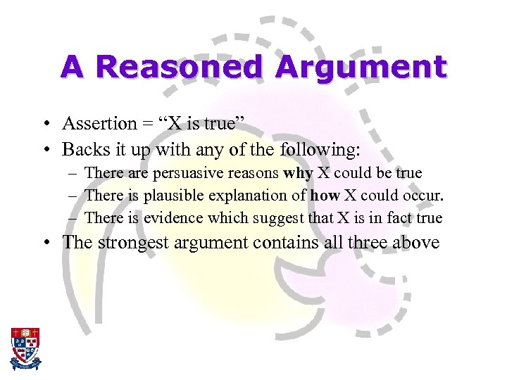 A Reasoned Argument • Assertion = “X is true” • Backs it up with