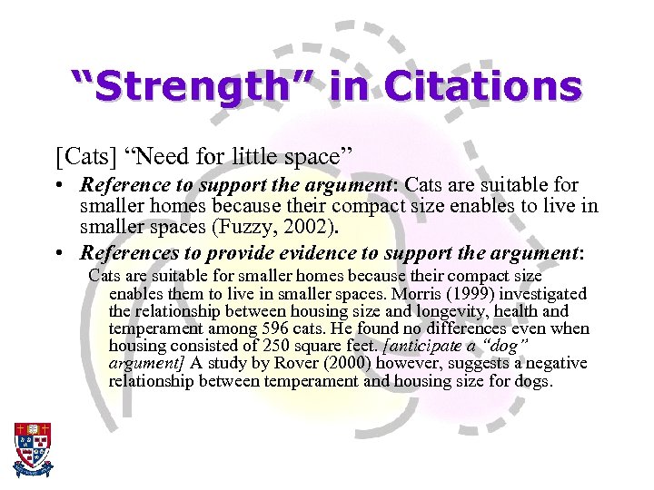 “Strength” in Citations [Cats] “Need for little space” • Reference to support the argument: