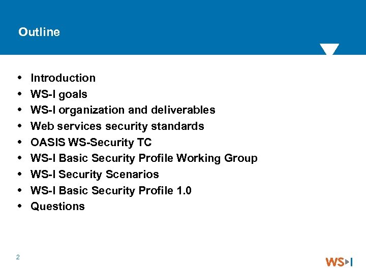 Outline 2 Introduction WS-I goals WS-I organization and deliverables Web services security standards OASIS