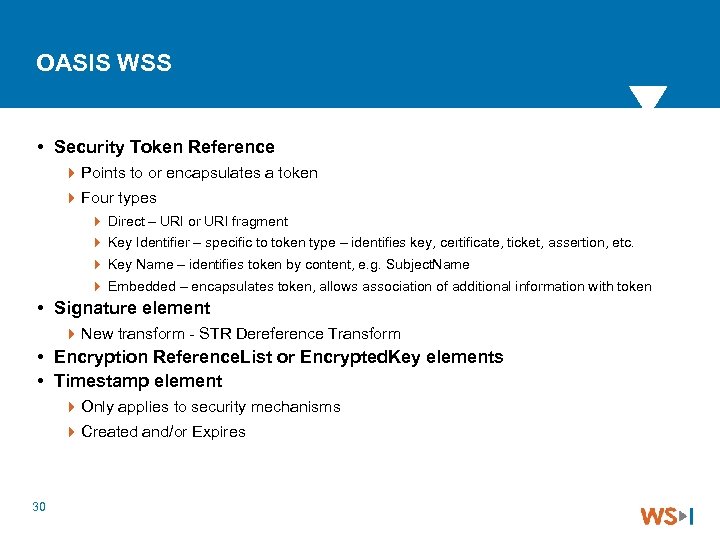 OASIS WSS Security Token Reference 4 Points to or encapsulates a token 4 Four