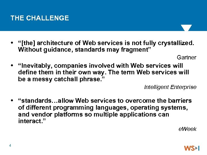 THE CHALLENGE “[the] architecture of Web services is not fully crystallized. Without guidance, standards