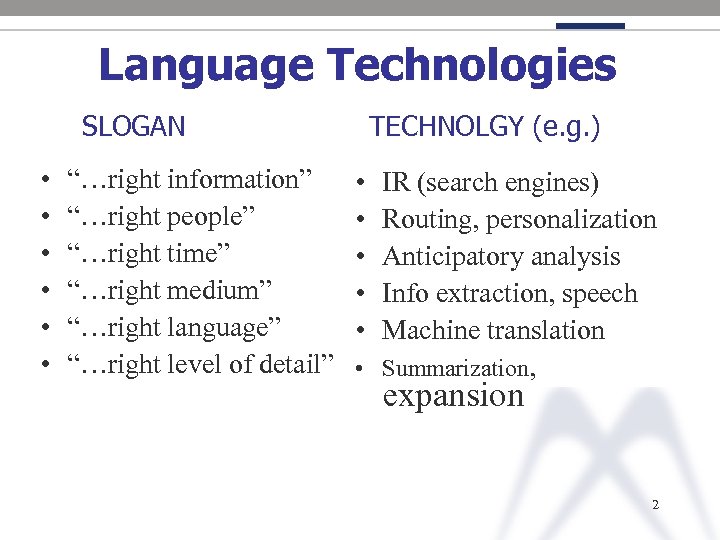 Language Technologies SLOGAN • • • “…right information” “…right people” “…right time” “…right medium”
