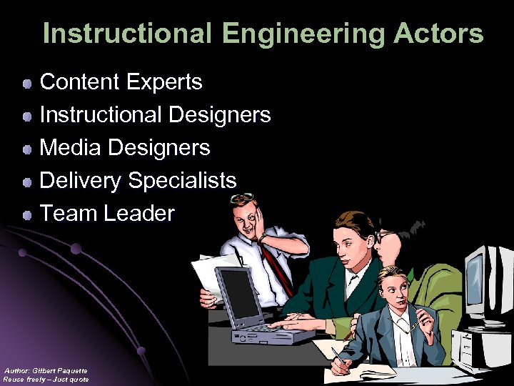 Instructional Engineering Actors Content Experts Instructional Designers Media Designers Delivery Specialists Team Leader Author: