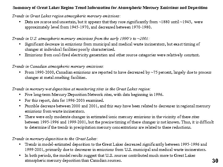 Summary of Great Lakes Region Trend Information for Atmospheric Mercury Emissions and Deposition Trends