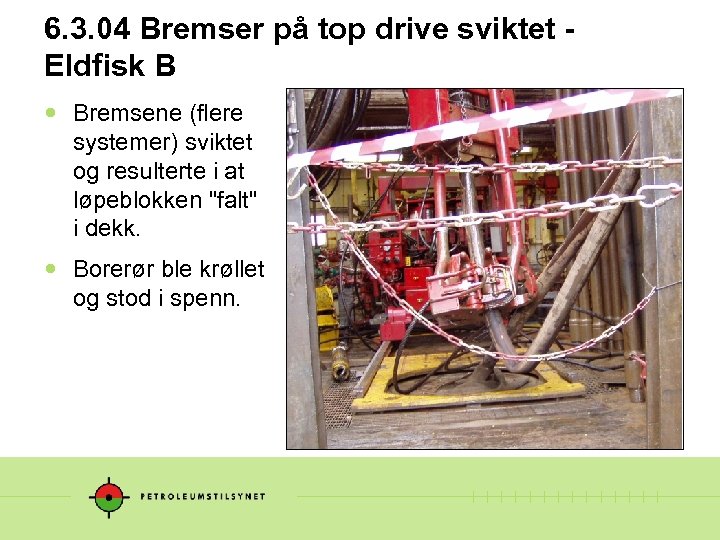 6. 3. 04 Bremser på top drive sviktet Eldfisk B Bremsene (flere systemer) sviktet