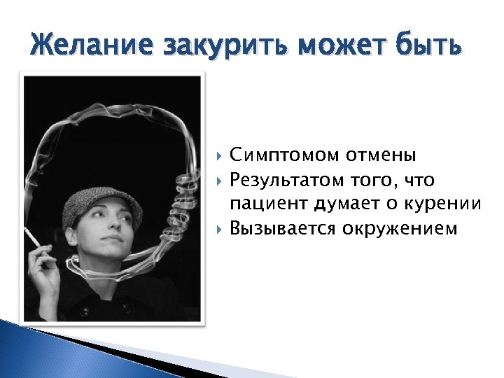 Желание закурить может быть Симптомом отмены Результатом того, что пациент думает о курении Вызывается