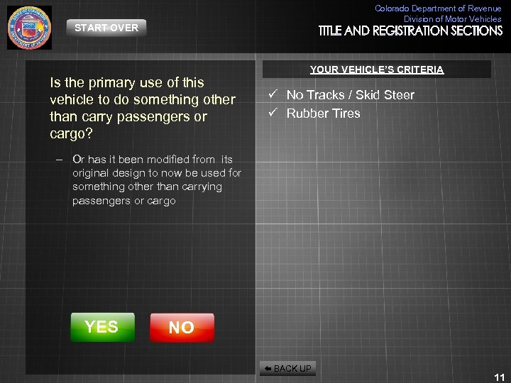 Colorado Department of Revenue Division of Motor Vehicles START OVER Is the primary use