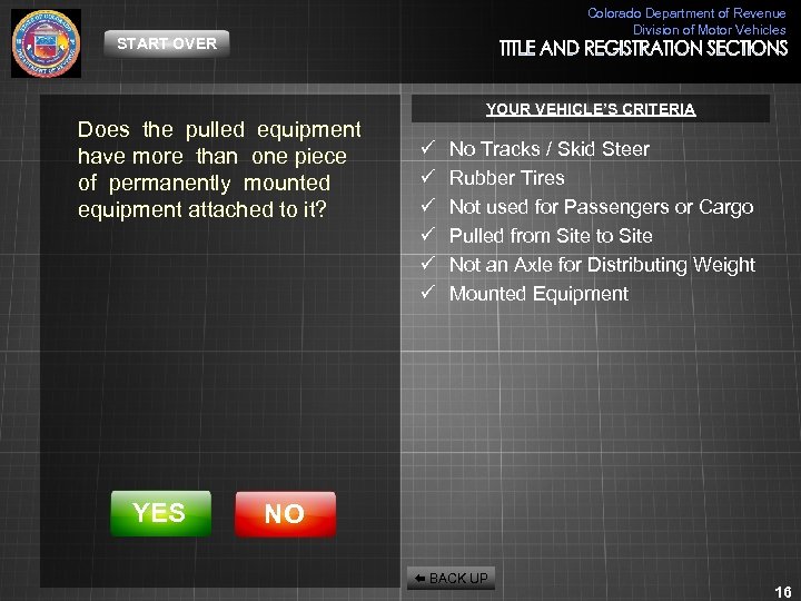 Colorado Department of Revenue Division of Motor Vehicles START OVER Does the pulled equipment