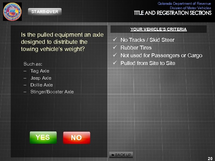 Colorado Department of Revenue Division of Motor Vehicles START OVER Is the pulled equipment