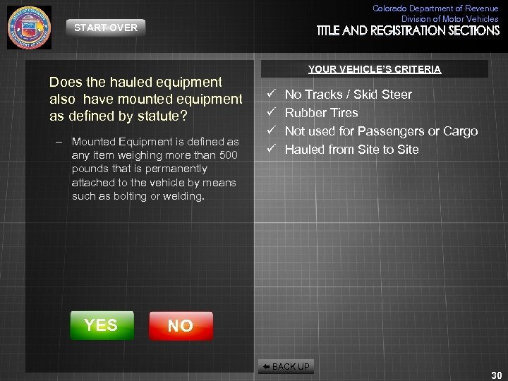 Colorado Department of Revenue Division of Motor Vehicles START OVER Does the hauled equipment