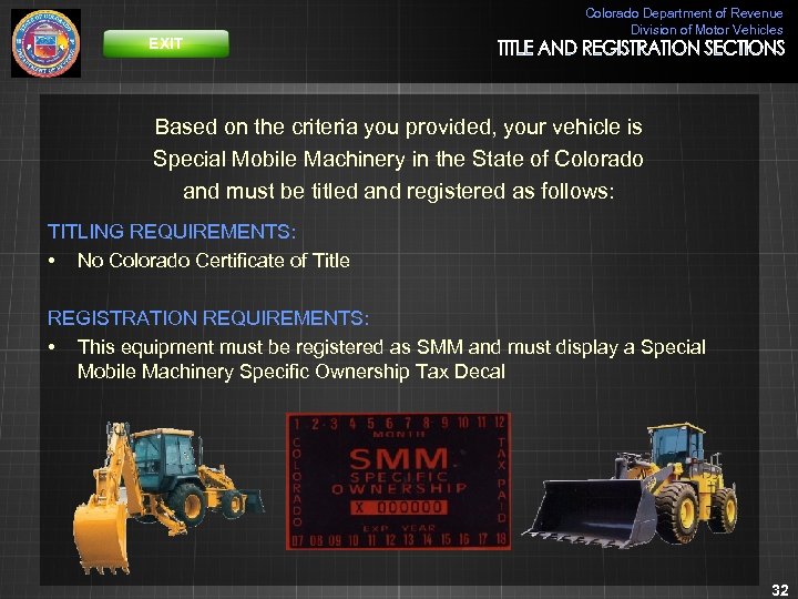 EXIT Colorado Department of Revenue Division of Motor Vehicles Based on the criteria you