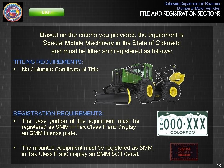 EXIT Colorado Department of Revenue Division of Motor Vehicles Based on the criteria you