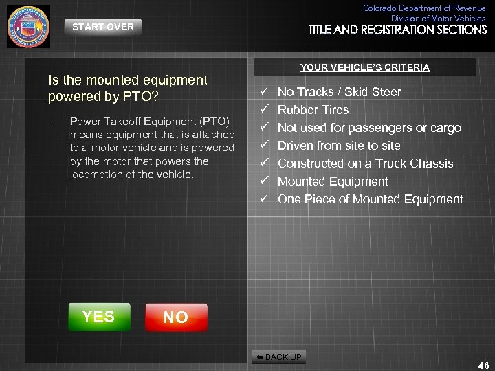 Colorado Department of Revenue Division of Motor Vehicles START OVER Is the mounted equipment