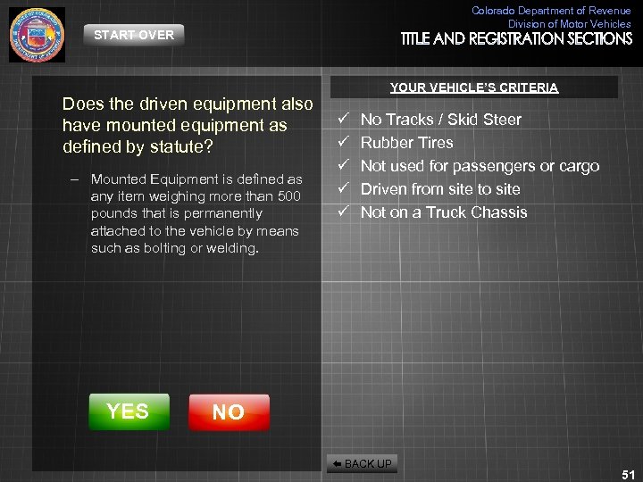 Colorado Department of Revenue Division of Motor Vehicles START OVER Does the driven equipment