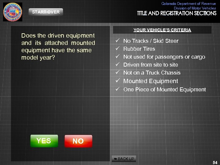 Colorado Department of Revenue Division of Motor Vehicles START OVER Does the driven equipment