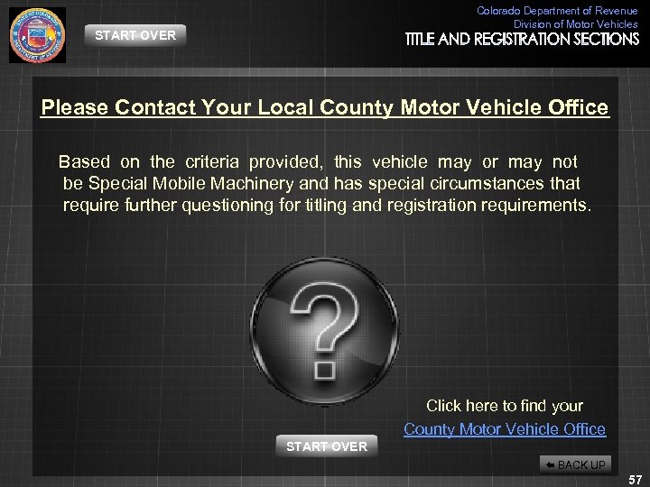 Colorado Department of Revenue Division of Motor Vehicles START OVER Please Contact Your Local