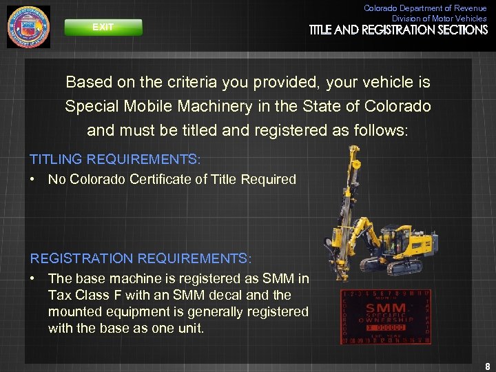 EXIT Colorado Department of Revenue Division of Motor Vehicles Based on the criteria you