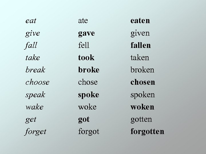 eat give fall take break choose speak wake get forget ate gave fell took