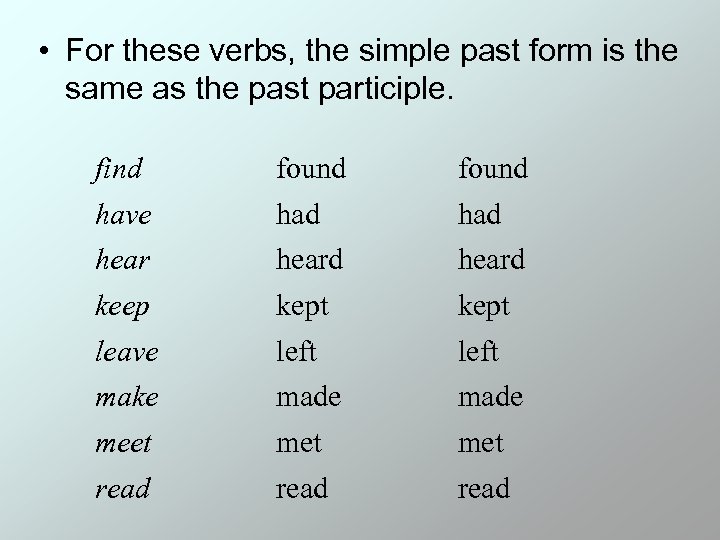  • For these verbs, the simple past form is the same as the