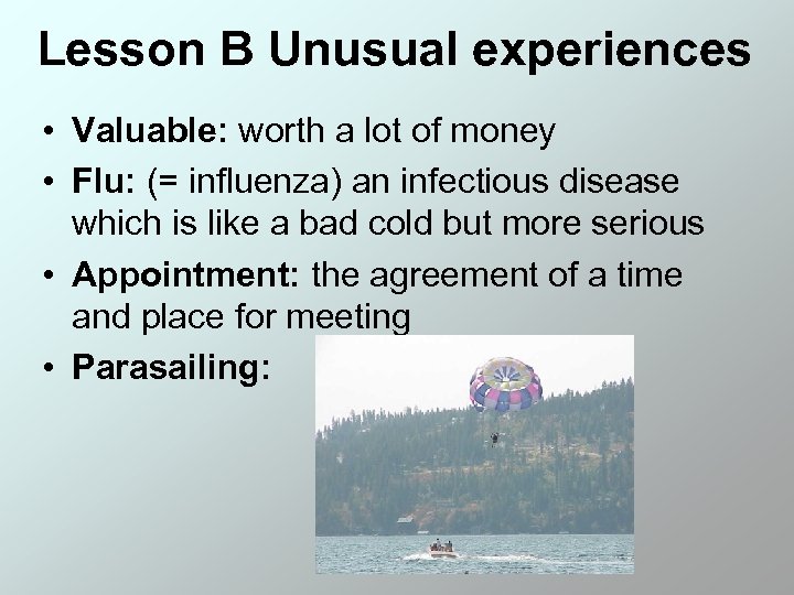 Lesson B Unusual experiences • Valuable: worth a lot of money • Flu: (=