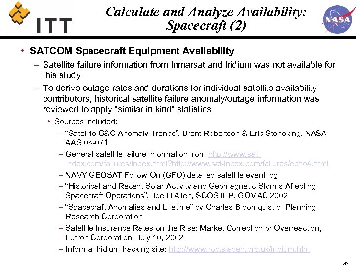 Calculate and Analyze Availability: Spacecraft (2) • SATCOM Spacecraft Equipment Availability – Satellite failure