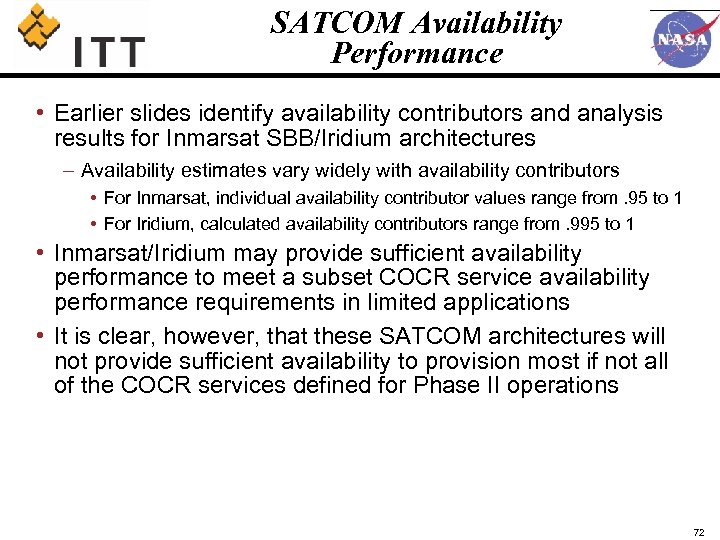 SATCOM Availability Performance • Earlier slides identify availability contributors and analysis results for Inmarsat