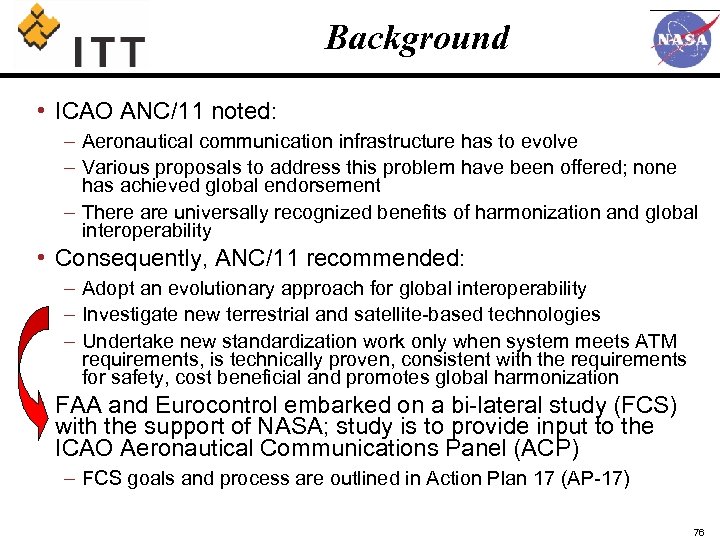 Background • ICAO ANC/11 noted: – Aeronautical communication infrastructure has to evolve – Various