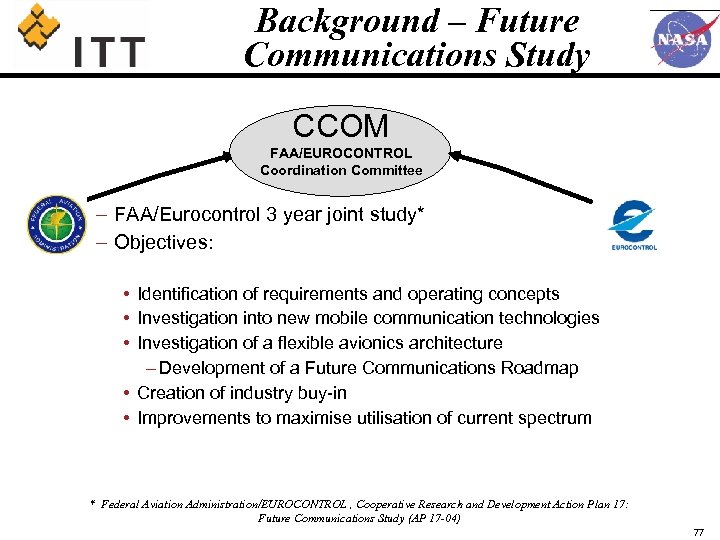 Background – Future Communications Study CCOM FAA/EUROCONTROL Coordination Committee – FAA/Eurocontrol 3 year joint