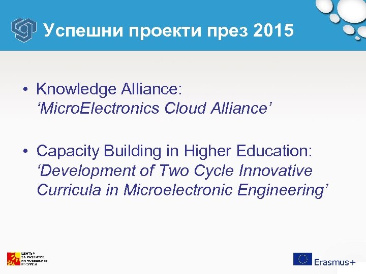 Успешни проекти през 2015 • Knowledge Alliance: ‘Micro. Electronics Cloud Alliance’ • Capacity Building