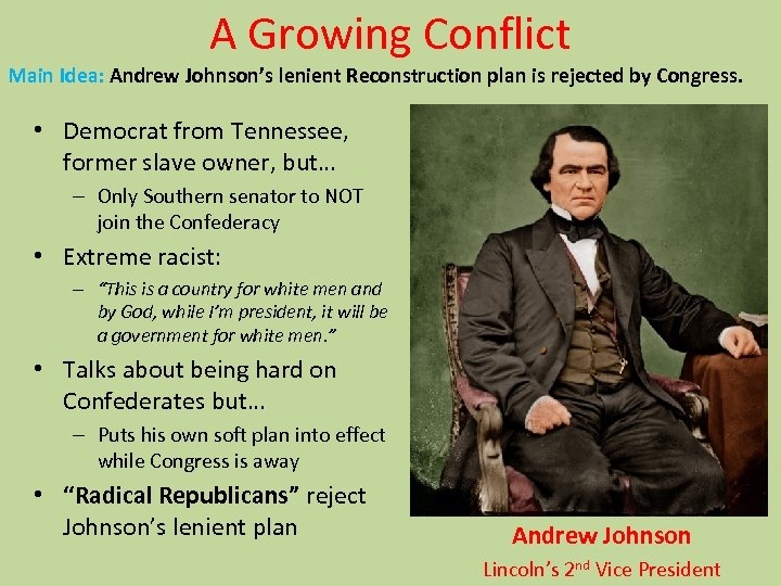 A Growing Conflict Main Idea: Andrew Johnson’s lenient Reconstruction plan is rejected by Congress.