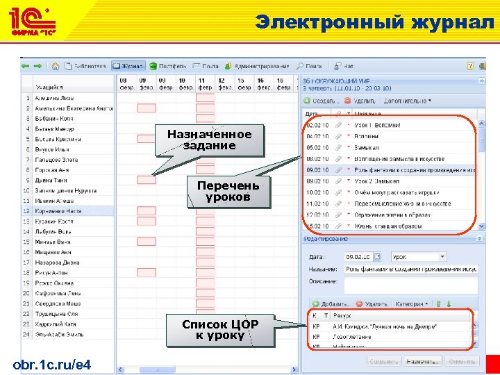 Электронный журнал Назначенное задание Перечень уроков Список ЦОР к уроку obr. 1 c. ru/e