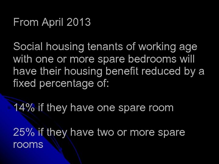 From April 2013 Social housing tenants of working age with one or more spare