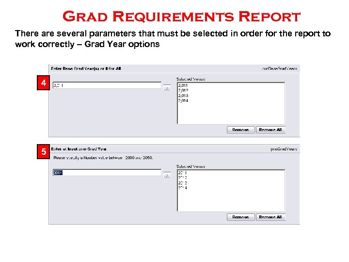Grad Requirements Report There are several parameters that must be selected in order for