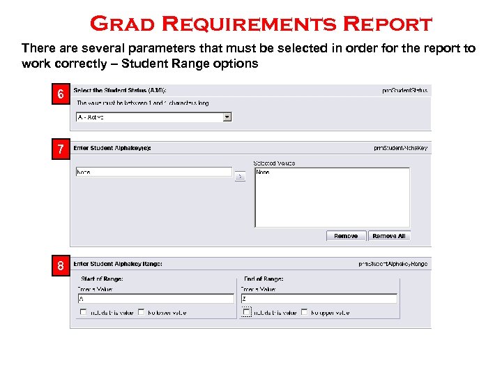 Grad Requirements Report There are several parameters that must be selected in order for