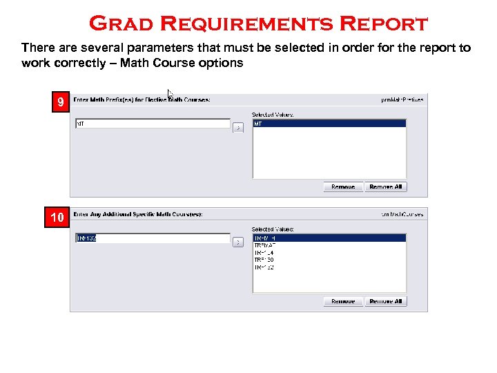 Grad Requirements Report There are several parameters that must be selected in order for