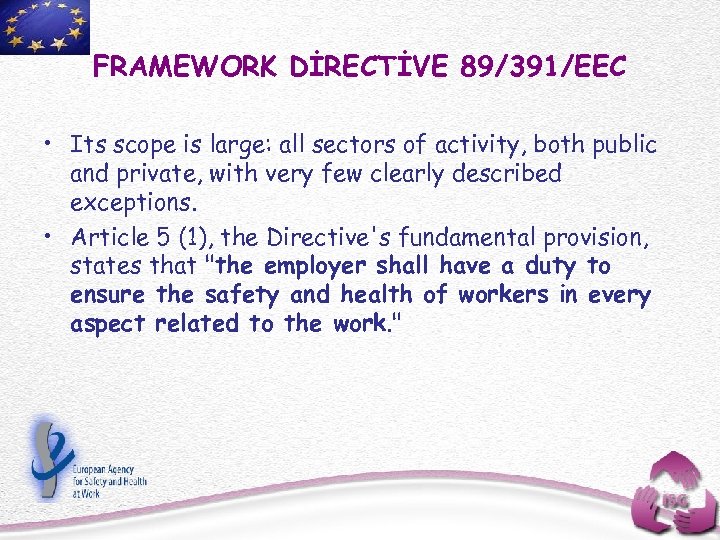 FRAMEWORK DİRECTİVE 89/391/EEC • Its scope is large: all sectors of activity, both public
