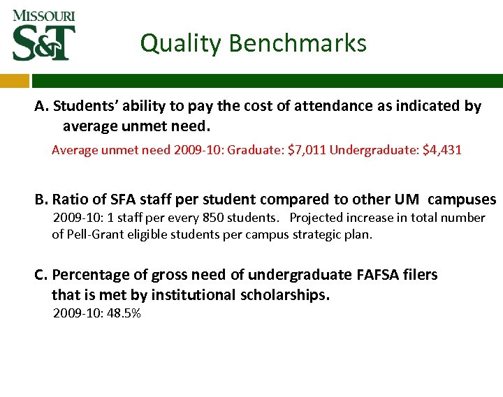 Quality Benchmarks A. Students’ ability to pay the cost of attendance as indicated by