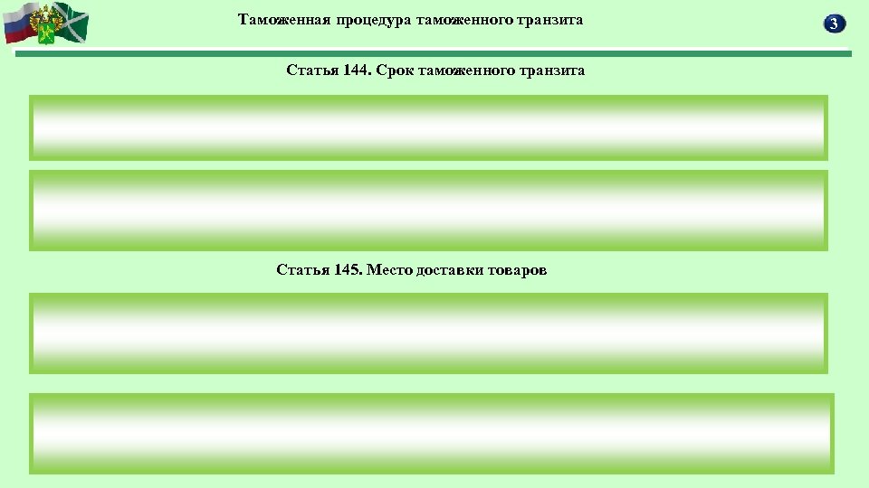 Таможенная процедура таможенного транзита Статья 144. Срок таможенного транзита Статья 145. Место доставки товаров