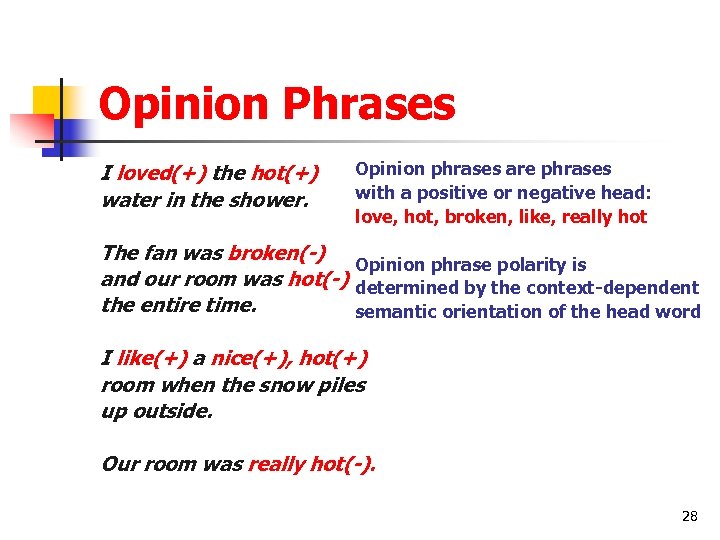 Opinion Phrases I loved(+) the hot(+) water in the shower. Opinion phrases are phrases