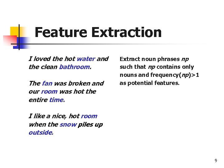 Feature Extraction I loved the hot water and the clean bathroom. The fan was