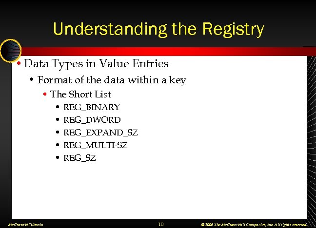 Understanding the Registry • Data Types in Value Entries • Format of the data