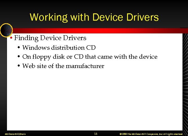 Working with Device Drivers • Finding Device Drivers • Windows distribution CD • On