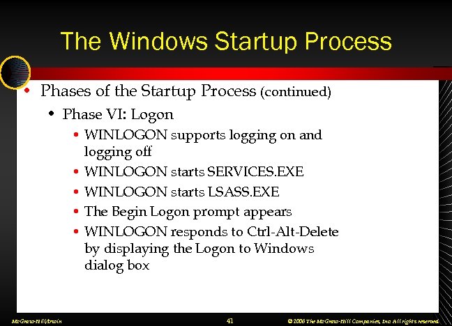 The Windows Startup Process • Phases of the Startup Process (continued) • Phase VI: